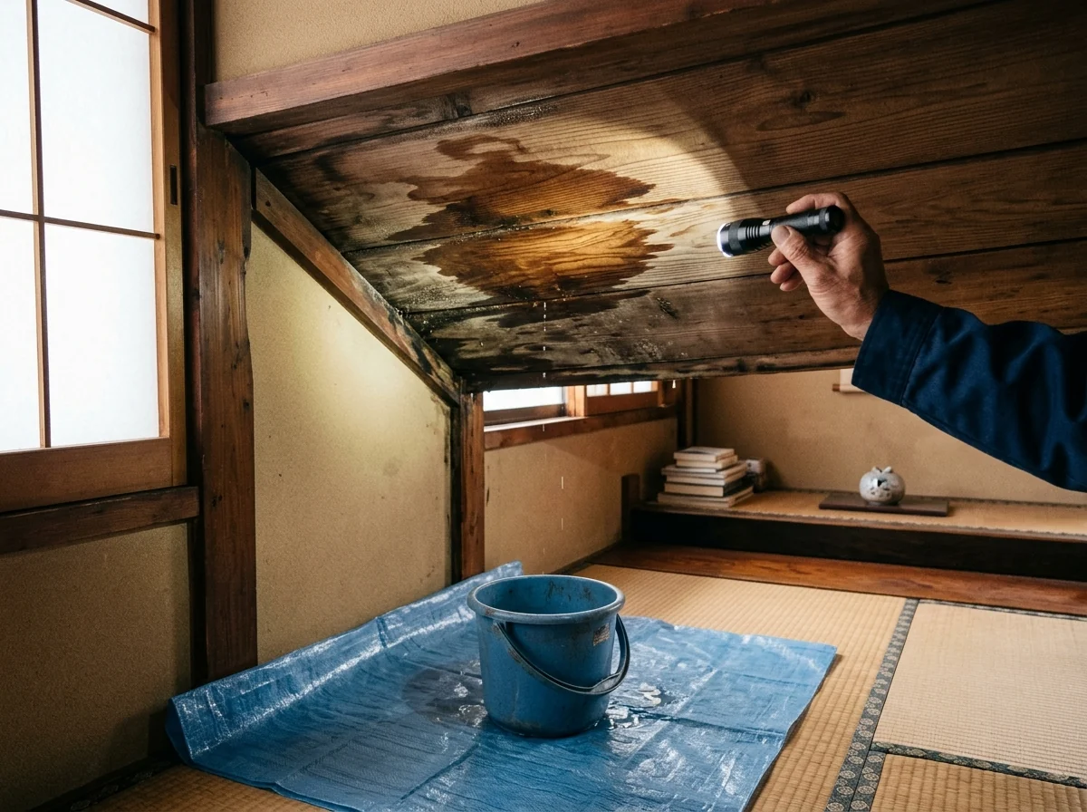 木の天井に広がった茶色の雨染みと、床のシートに置いたバケツ、懐中電灯で天井を照らす手