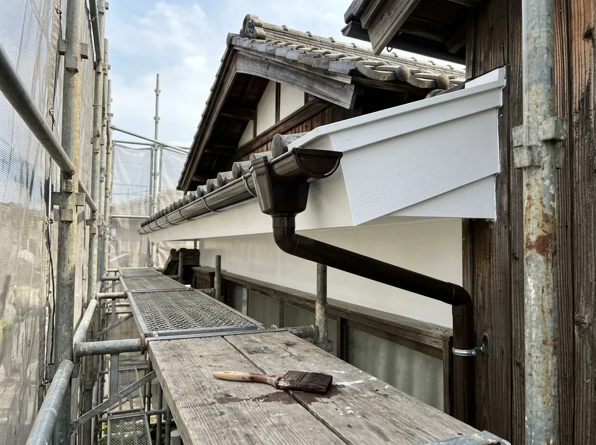 足場の上から見た、塗り替え後のこげ茶色の雨樋と白い破風板・軒天