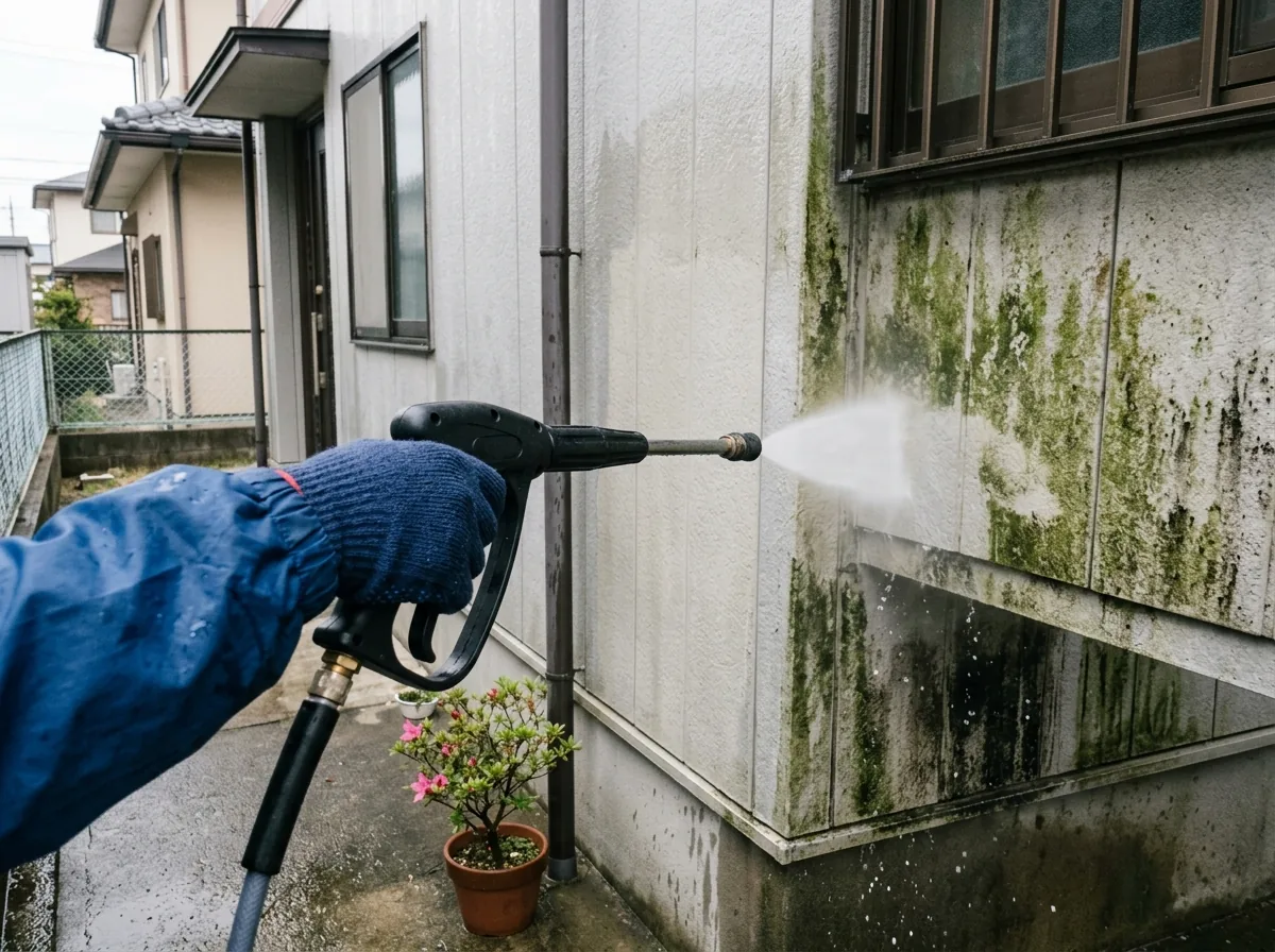手袋をした手で高圧洗浄機のノズルを持ち、洗い終えたきれいな外壁の下に苔とカビが残っている様子
