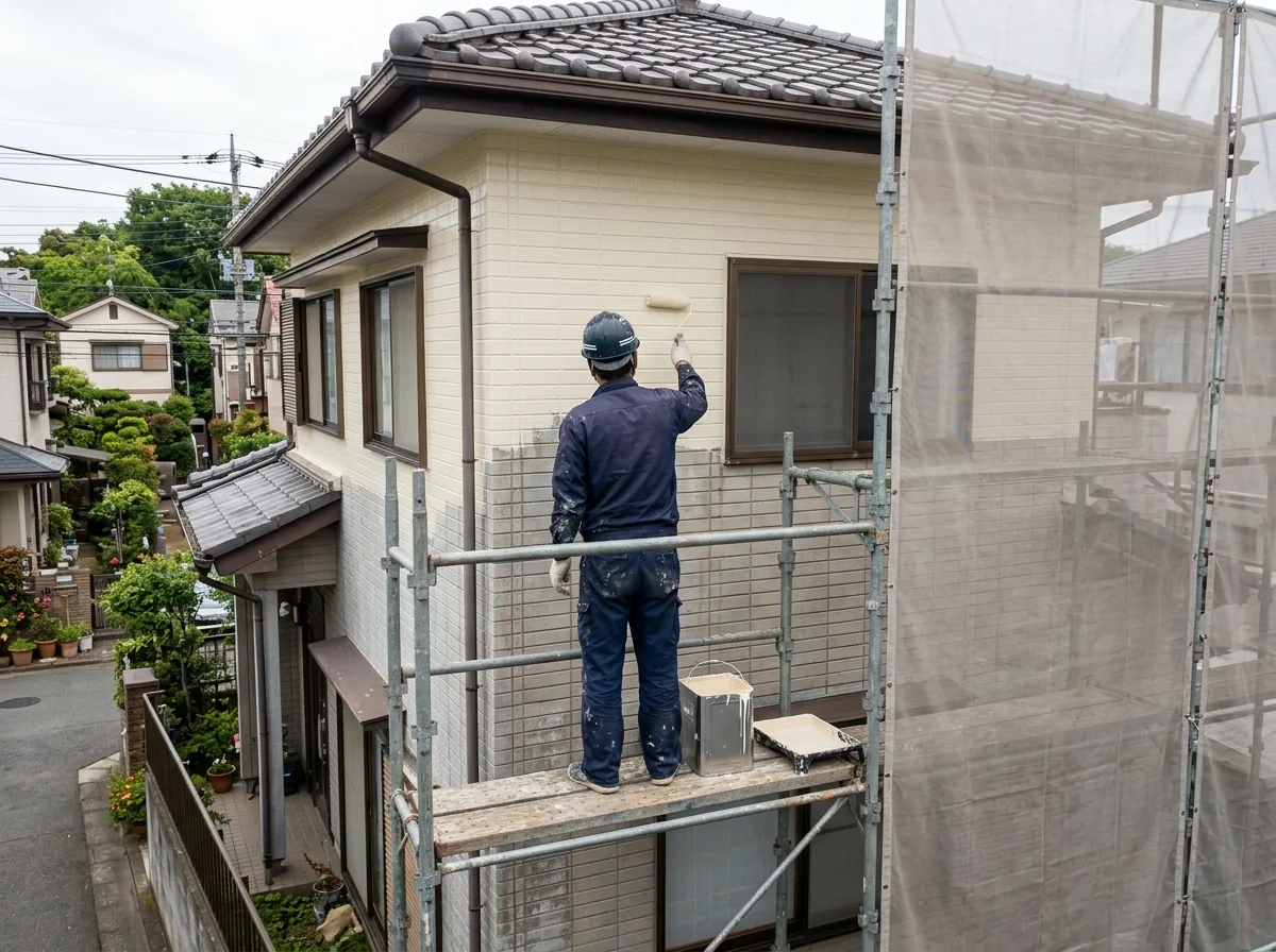 足場を組んだ住宅でサイディングの外壁を塗り替えている様子