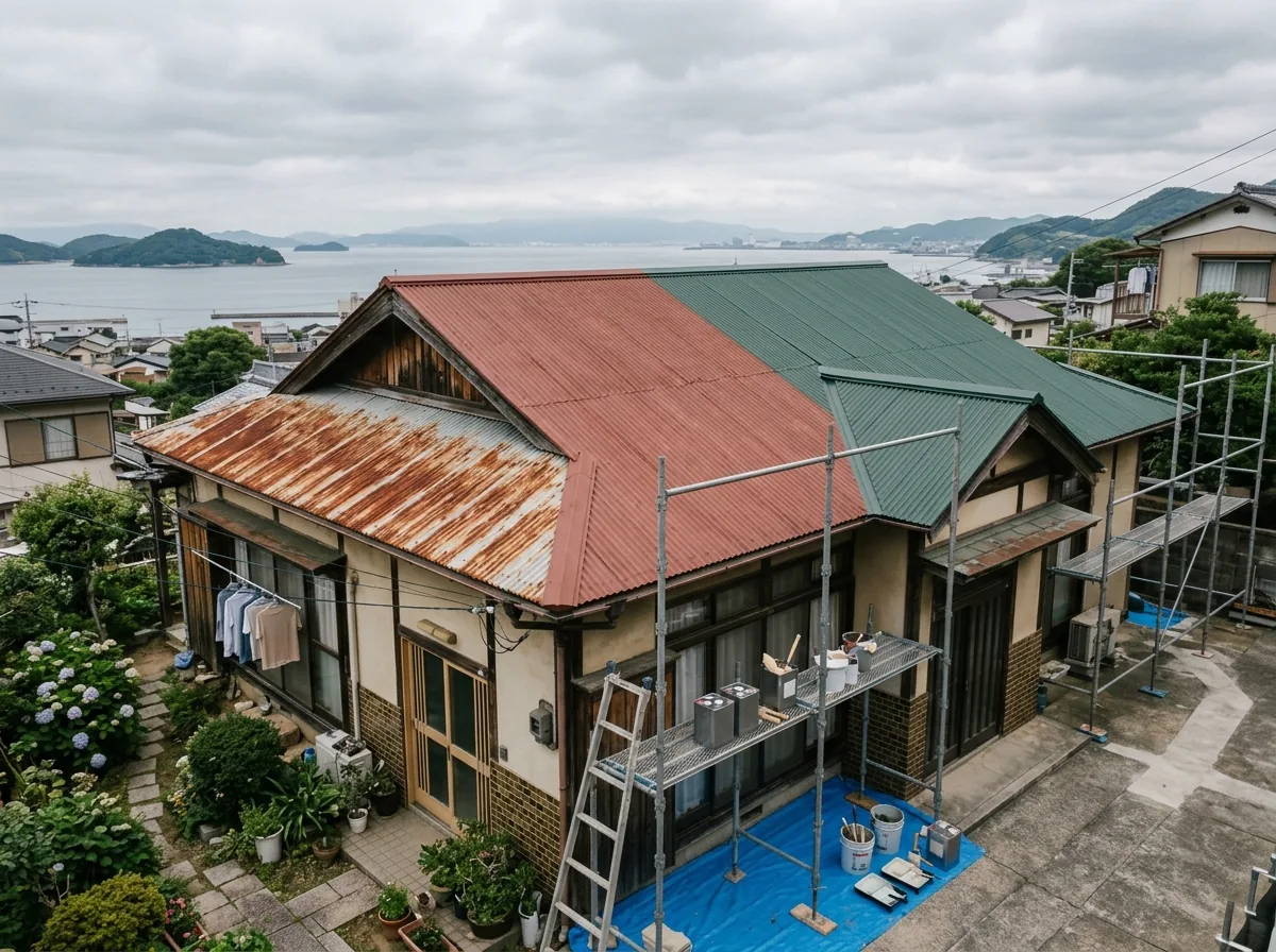 波形のトタン屋根で、さびた部分、赤茶色の錆止めを塗った部分、濃い緑に塗り終えた部分が並んでいる様子