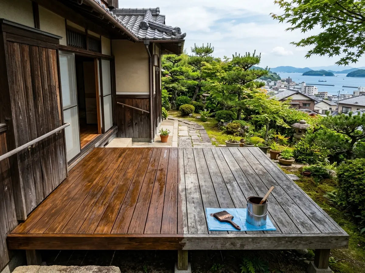 ウッドデッキの半分が茶色に塗り直され、残り半分が灰色に色あせ、シートの上に刷毛が置かれている様子