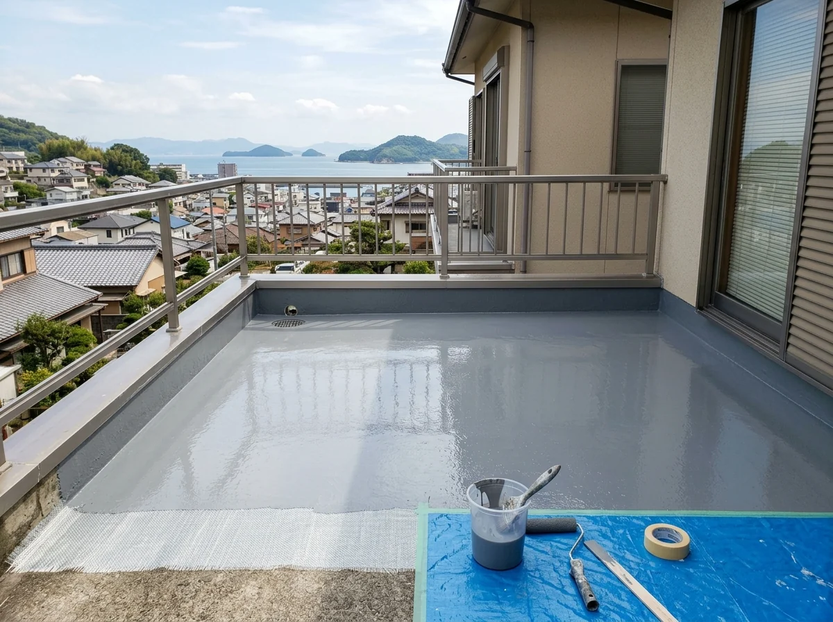 グレーの光沢があるFRP防水で仕上げたベランダの床。端にガラスマットの繊維が見え、排水口と手すりが写っている