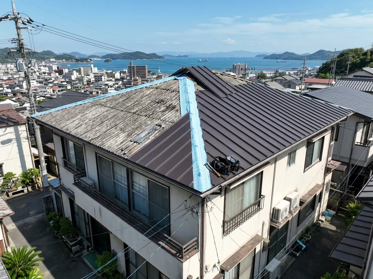 古いグレーのスレート屋根の上に、こげ茶色の筋の入ったガルバリウム鋼板を重ねて張っている様子。端に下葺きのルーフィングが見える