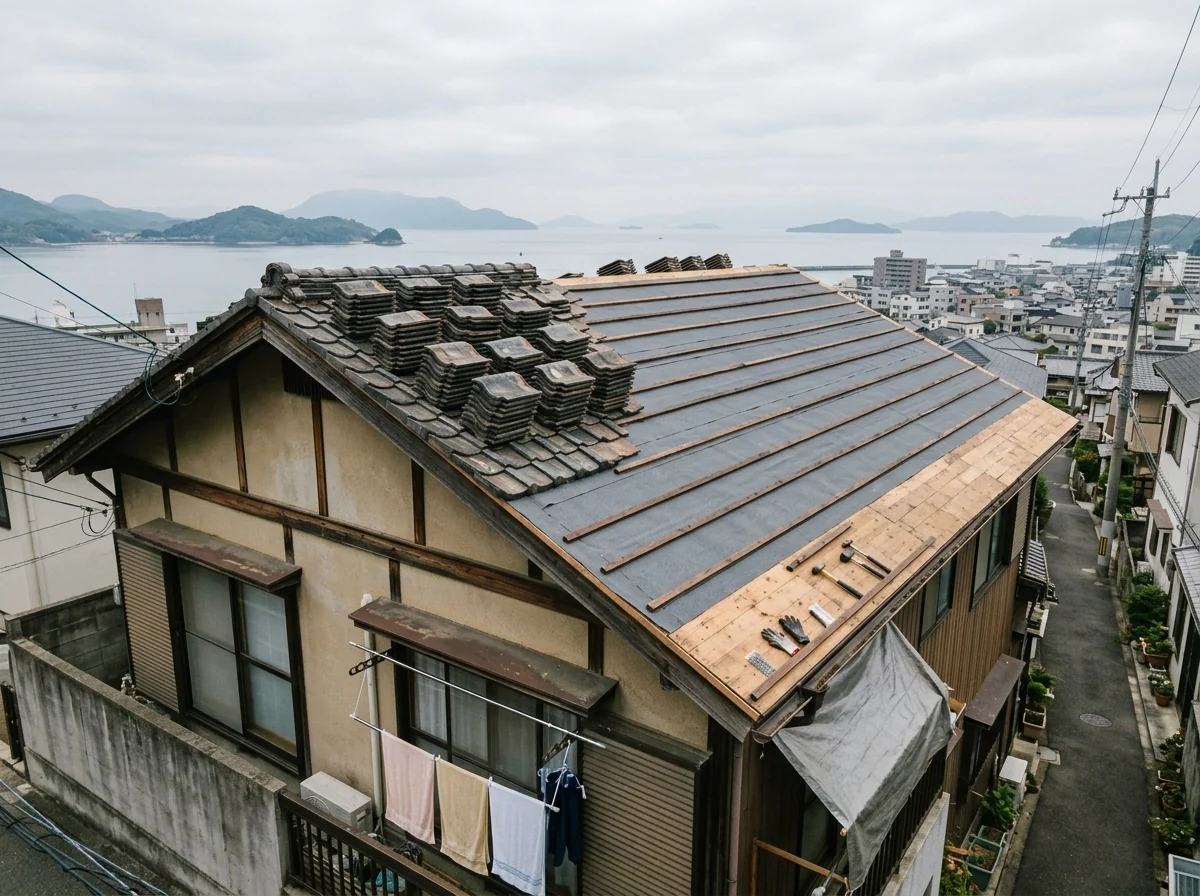 古い瓦が積み上げられ、むき出しの野地板に新しい下葺き材が敷かれ、桟木が列になって並ぶ屋根