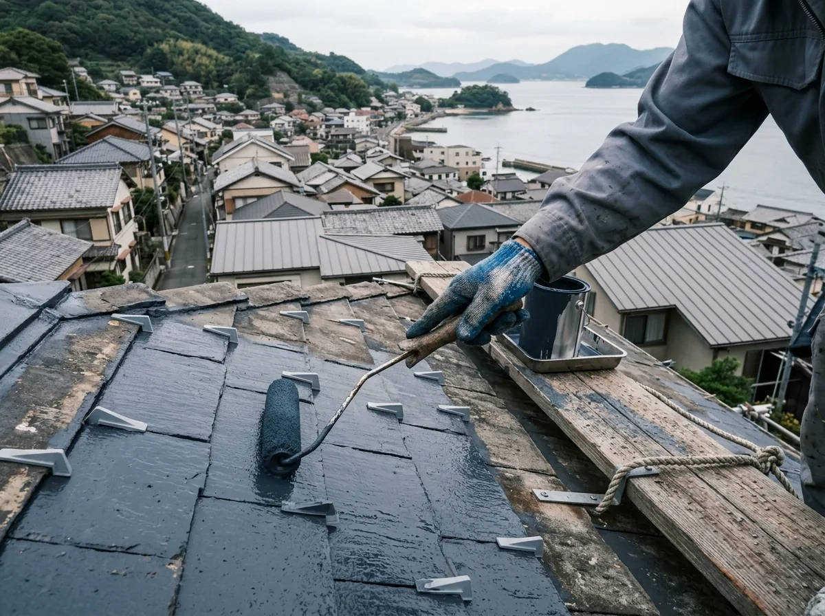 スレート屋根に青みがかったグレーの上塗りをローラーで塗る手袋をはめた手と、屋根材の間に差し込んだ縁切りの小さな部材